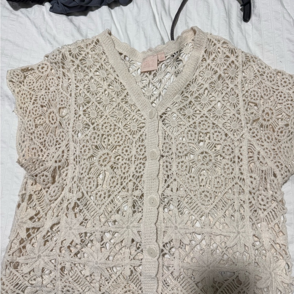 Crochet Lace Button-Front Cardigan - Cream